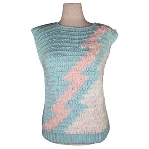 Vintage TOI Pastel Chevron Crochet Sweater Vest Blue Pink 80s Cottagecore